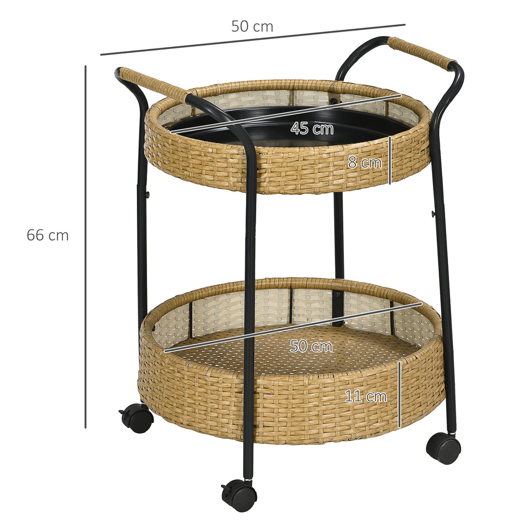 Udendørs serveringsvogn, 2 etager, bremser, polyrattan, metalramme, ø50 x 66h cm, gul