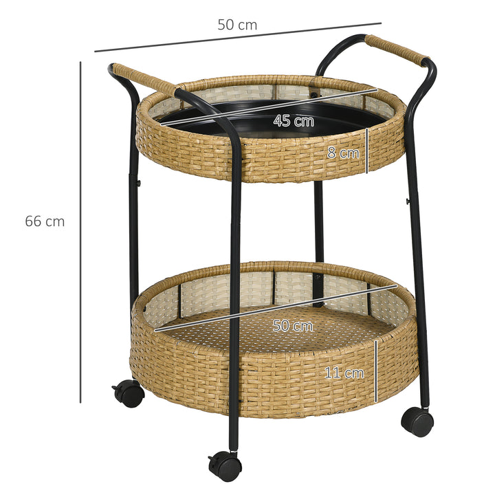 Udendørs serveringsvogn, 2 etager, bremser, polyrattan, metalramme, ø50 x 66h cm, gul