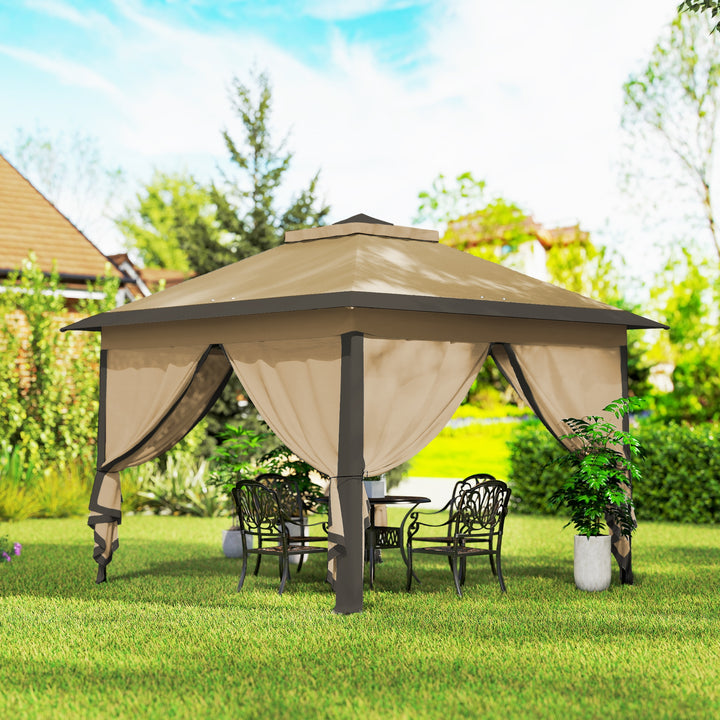 Foldbart lysthus, havelysthus, presenning af metal og stof, netgardiner, drænhuller, 330L x 330B x 288H cm, beige
