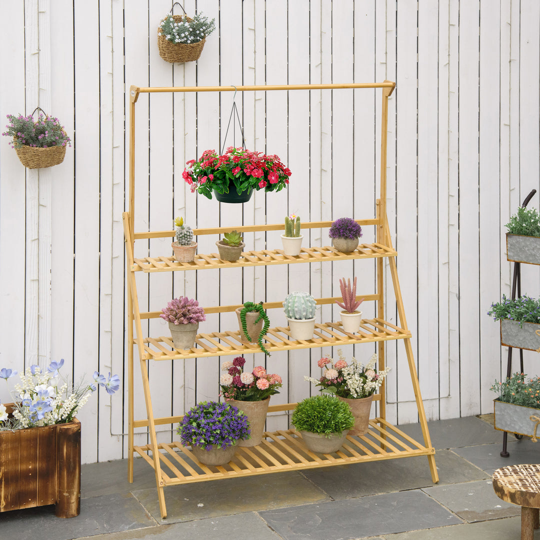 Træ blomstertrappe plantestativ stigehylde justerbar hængende højde blomsterstativ hængende bambus naturlig indendørs udendørs 100 x 40 x 143 cm