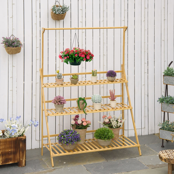 Træ blomstertrappe plantestativ stigehylde justerbar hængende højde blomsterstativ hængende bambus naturlig indendørs udendørs 100 x 40 x 143 cm