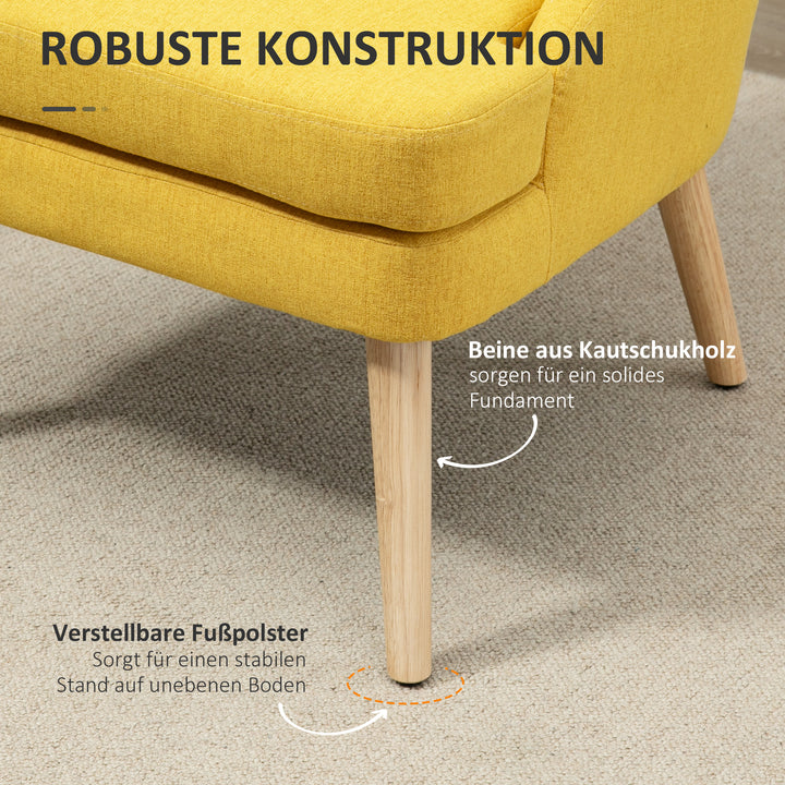 Lænestol loungestol med linnedlook, armlæn, polstret afslapningsstol med træben, til stue, soveværelse, gul