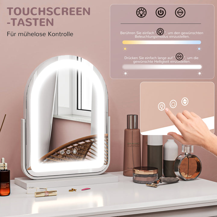 Kosmetikspejl med led-belysning, 3 lystemperaturer, drejelig, touch-betjening, hvid