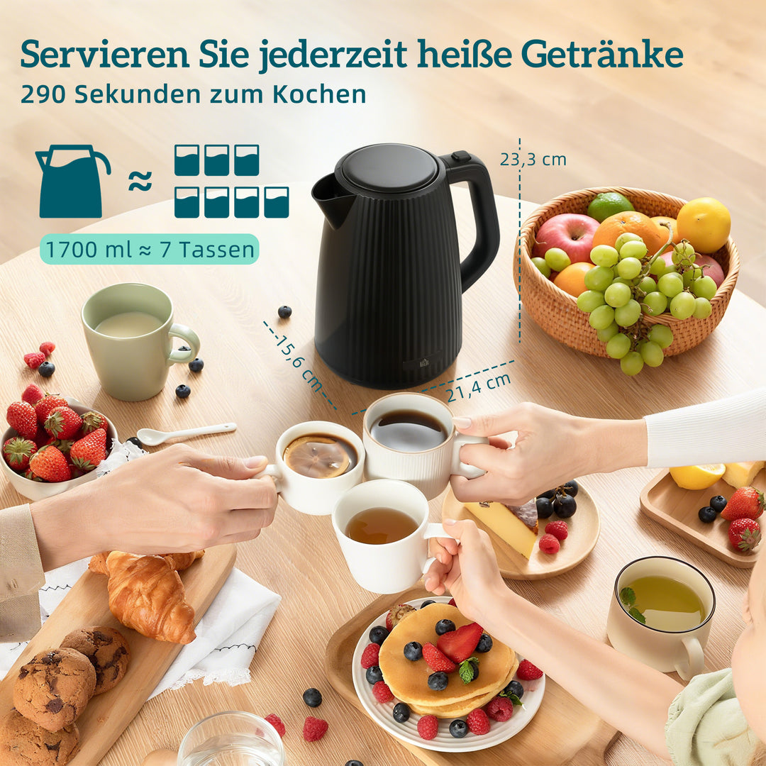 1,7L hurtigkogendekedel og 4-skivers brødristersæt, æggekoger til 6 æg med indikatorlampe, sort