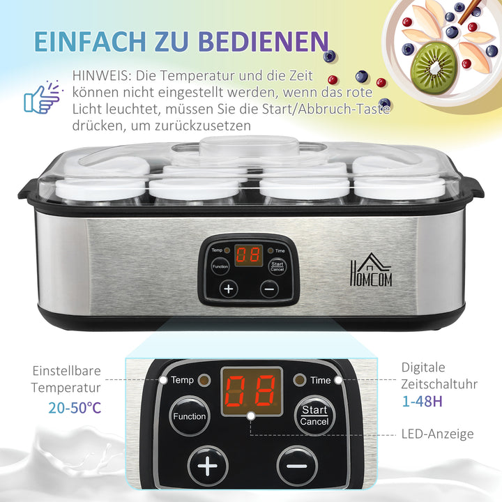Græsk yoghurtmaskine med låg, 8 BPA-fri glasbeholdere (180 ml hver), med LCD-display og timer, til op til 1,4 liter yoghurt, 25 W, sølv