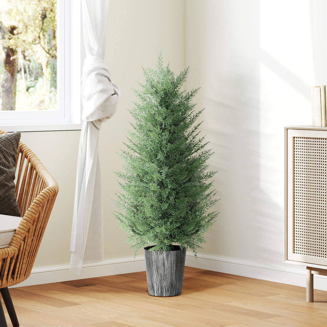 Sæt med 2 store kunstige cypresser, 90 cm, kunstige planter, kunstige plastikplanter i potter 15 x 15 x 90 cm, grønne