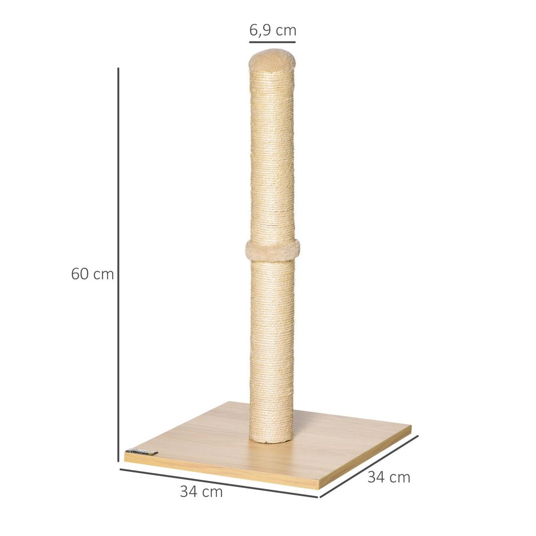 Kradsetræ til katte, kradsetræ af sisal, robust kradsetræ, kradselegetøj til katte med bold, 60 cm spånplade, sisal, beige+eg, 34 x 34 x 60 cm