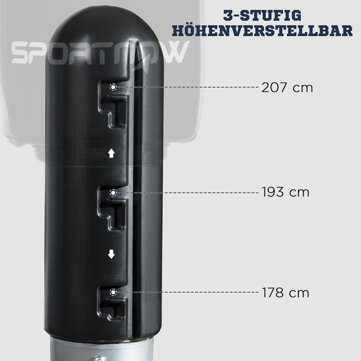 Boksedummy, fritstående, højdejusterbar, tung base, kunstlæder, sort+grå+blå, 55 x 55 x 178-207 cm
