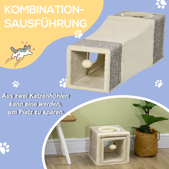 Kattetunnel, 2 kattehuler, kradseområder og boldlegetøj, 98 cm x 30 cm x 30 cm, brun + beige