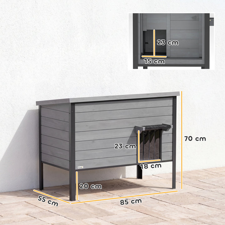 Vejrbestandigt kattehus med hængslet tag, aftageligt gulv, indgang til 1-2 katte op til 12 kg, 85x55x70 cm, lysegrå