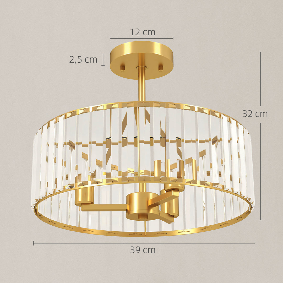 Loftlampe, lysekronedesign, krystalskærm, 3 pærer, metal, guld