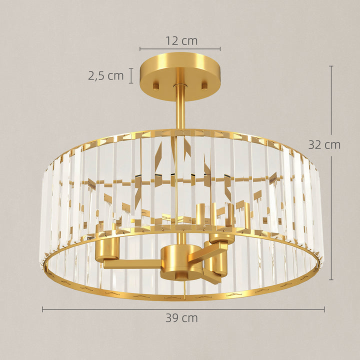 Loftlampe, lysekronedesign, krystalskærm, 3 pærer, metal, guld