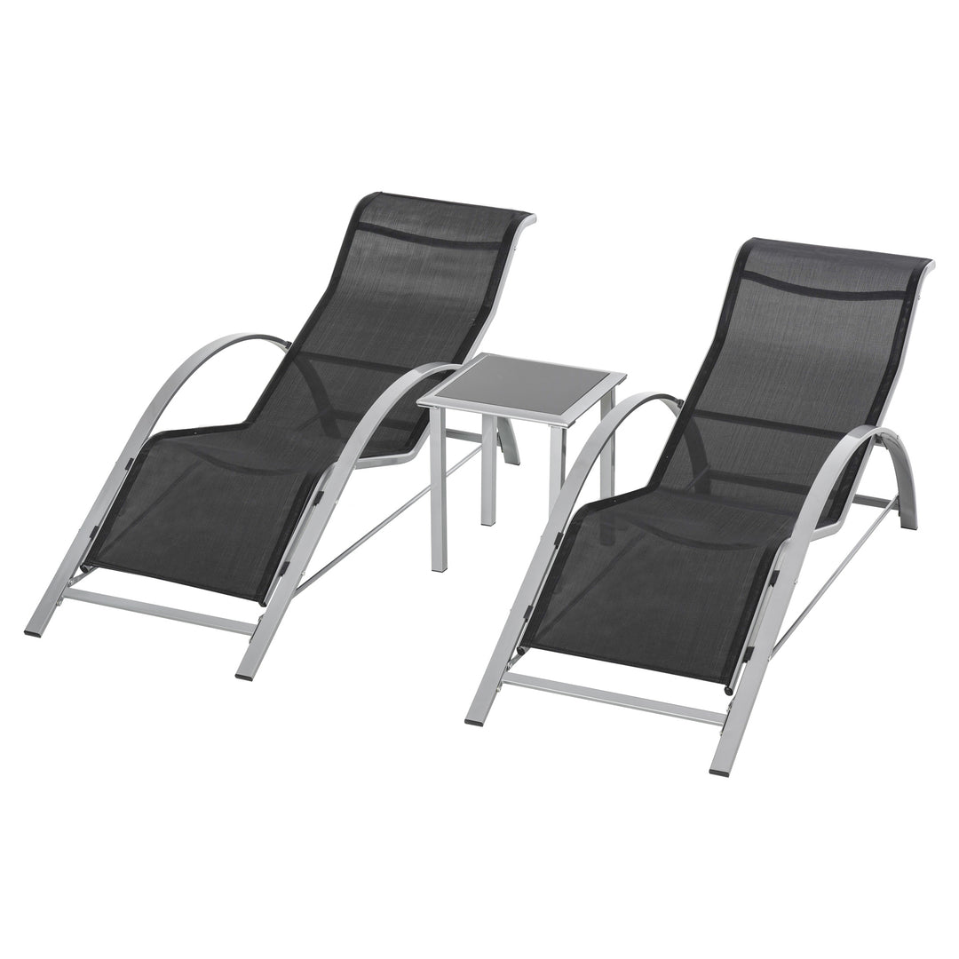 Have liggestolesæt, metalnet, 3 dele. Solseng med tebord. Havemøbelsæt med 2 liggestole, 1 sidebord. Havesiddegruppe til haven, balkonen. 59B x 169D x 66H cm. Sort+Sølv