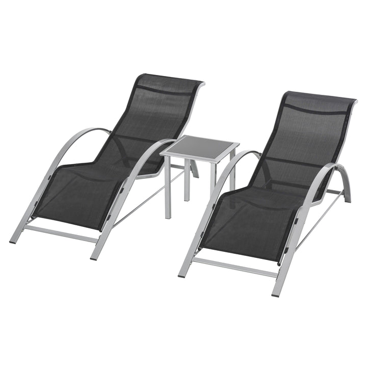 Have liggestolesæt, metalnet, 3 dele. Solseng med tebord. Havemøbelsæt med 2 liggestole, 1 sidebord. Havesiddegruppe til haven, balkonen. 59B x 169D x 66H cm. Sort+Sølv