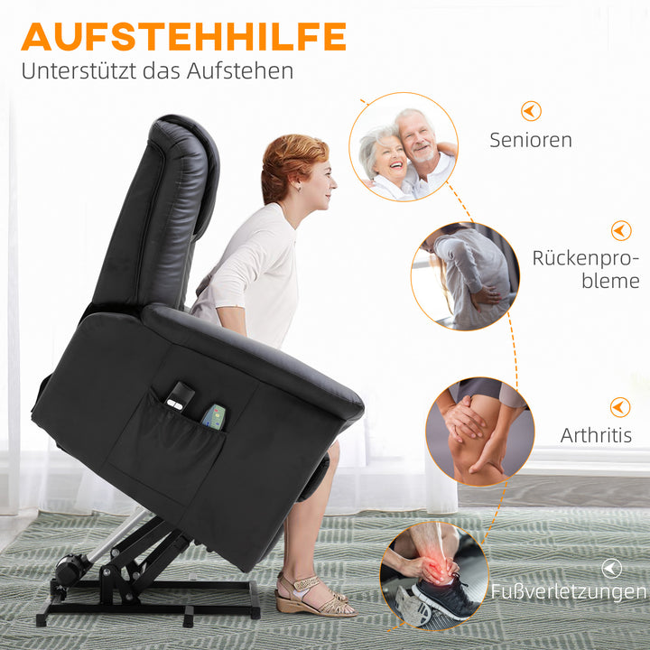 Massagestol med stand-up-hjælp, 8 vibrationspunkter, varmefunktion, fodstøtte, sort
