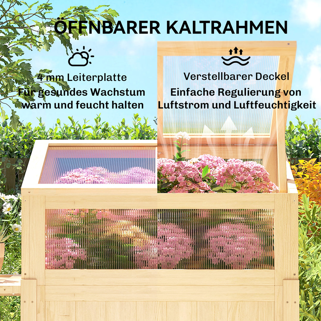 Højbed med kold ramme af træ, plantekasse med drivhus, foldbar, sidebord, opbevaringsrum, naturtræ