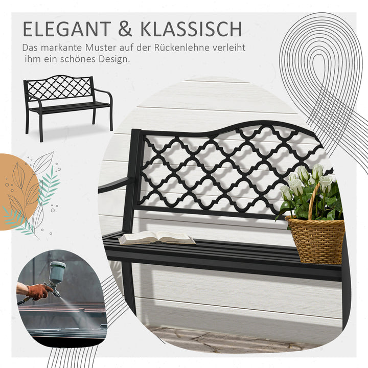 2-personers havebænk, parkbænk af metal, bænk op til 240 kg, terrassebænk med ryglæn og armlæn, havemøbler, støbejern, sort, 128 x 58,5 x 89 cm