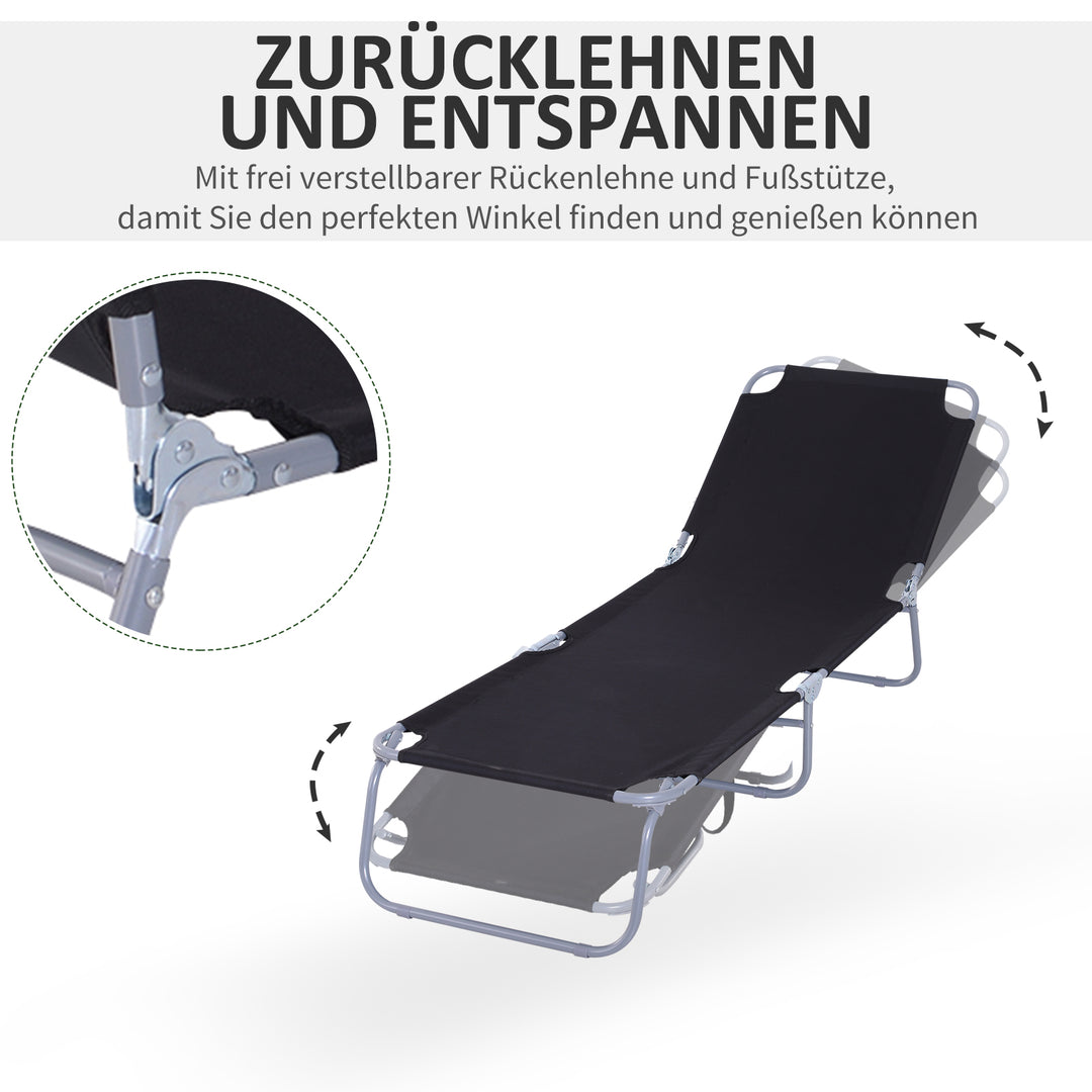 Solseng, foldbar, justerbar ryglæn, rustfri metalramme, 187 x 55 x 24 cm, sort