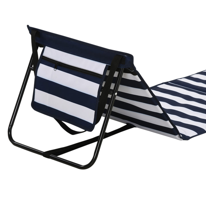Sammenklappelig strandstol med justerbar ryglæn, sidelomme, blød polstring, stålstel, blå og hvid, 142x51x40cm