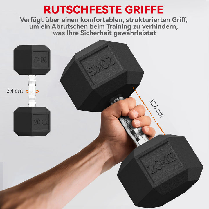 Håndvægte med riflet håndtag, støbejernshåndvægt, 1 x 20 kg, håndvægte til mænd og kvinder, håndvægt til hjemmet, fitnesscenter, styrketræning