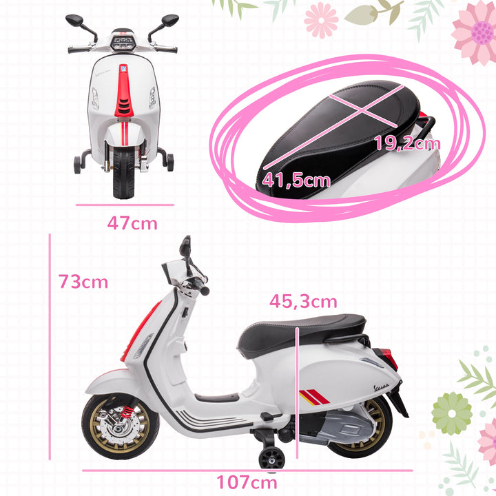 Elektrisk børnemotorcykel, vespa, 3 km/t, 3-6 år, musik, lys og radio, hvid