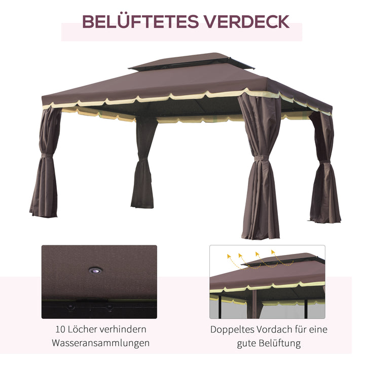 Havepavillon, lysthus, 390 x 290 x 280 cm, havetelt, partytelt med 4 sidepaneler, myggenet, vejrbestandig, aluminium, polyester, kaffe+sort