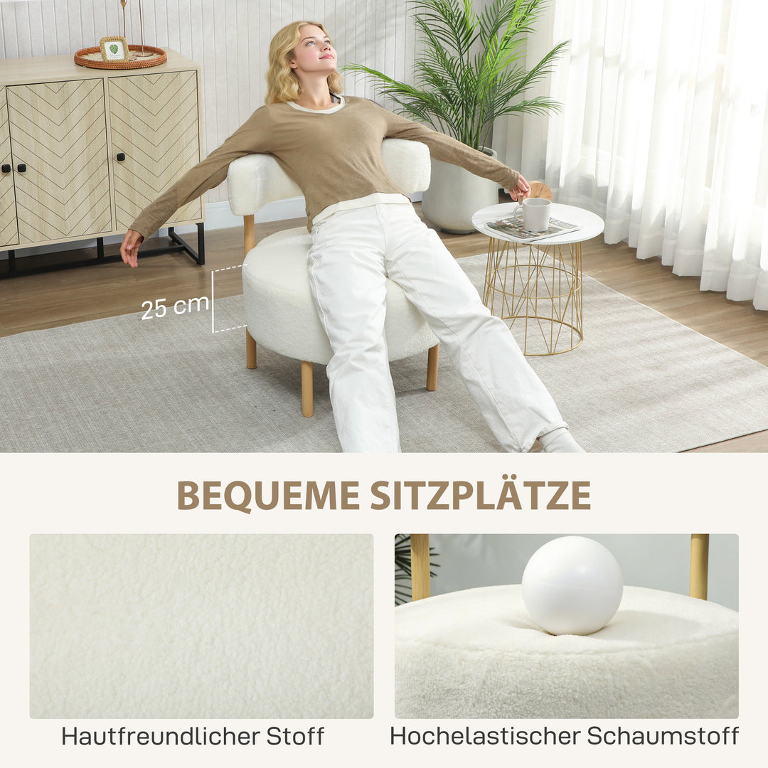 Lænestol, loungestol, lænestol med sherpa fleece, metalben i trælook, polstret lænestol, 67 x 67 x 71 cm, cremehvid