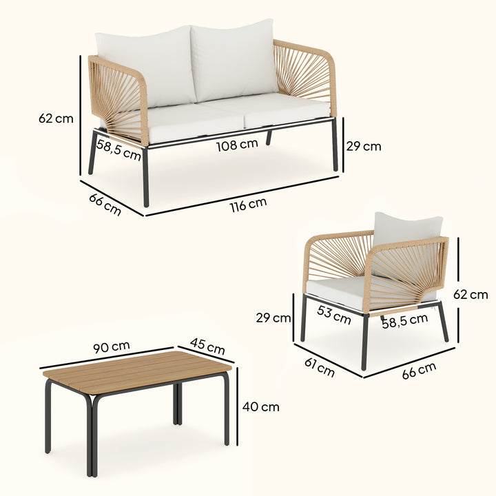 Havemøbelsæt, vejrbestandigt, til 4 personer, med 2-personers sofa, 2 lænestole, WPC lamelbord, metal, PE-rattan, hvid