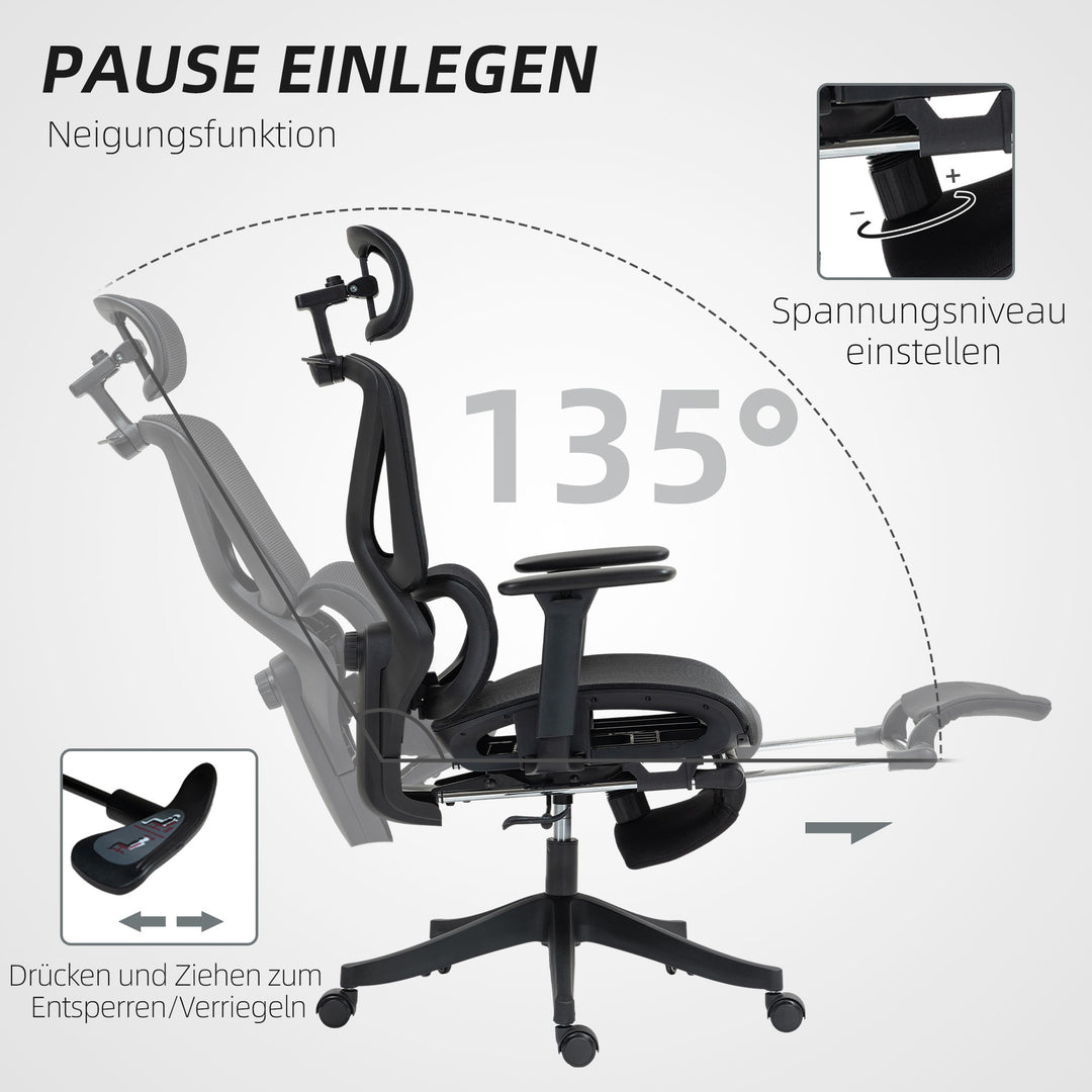 Kontorstol, ergonomisk skrivebordsstol, 135 graders vipning, justerbar, sort