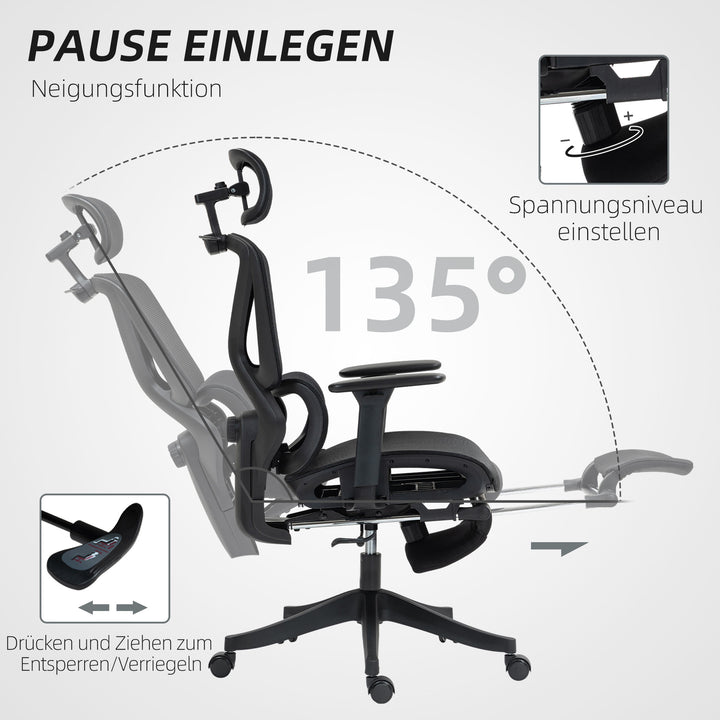Kontorstol, ergonomisk skrivebordsstol, 135 graders vipning, justerbar, sort
