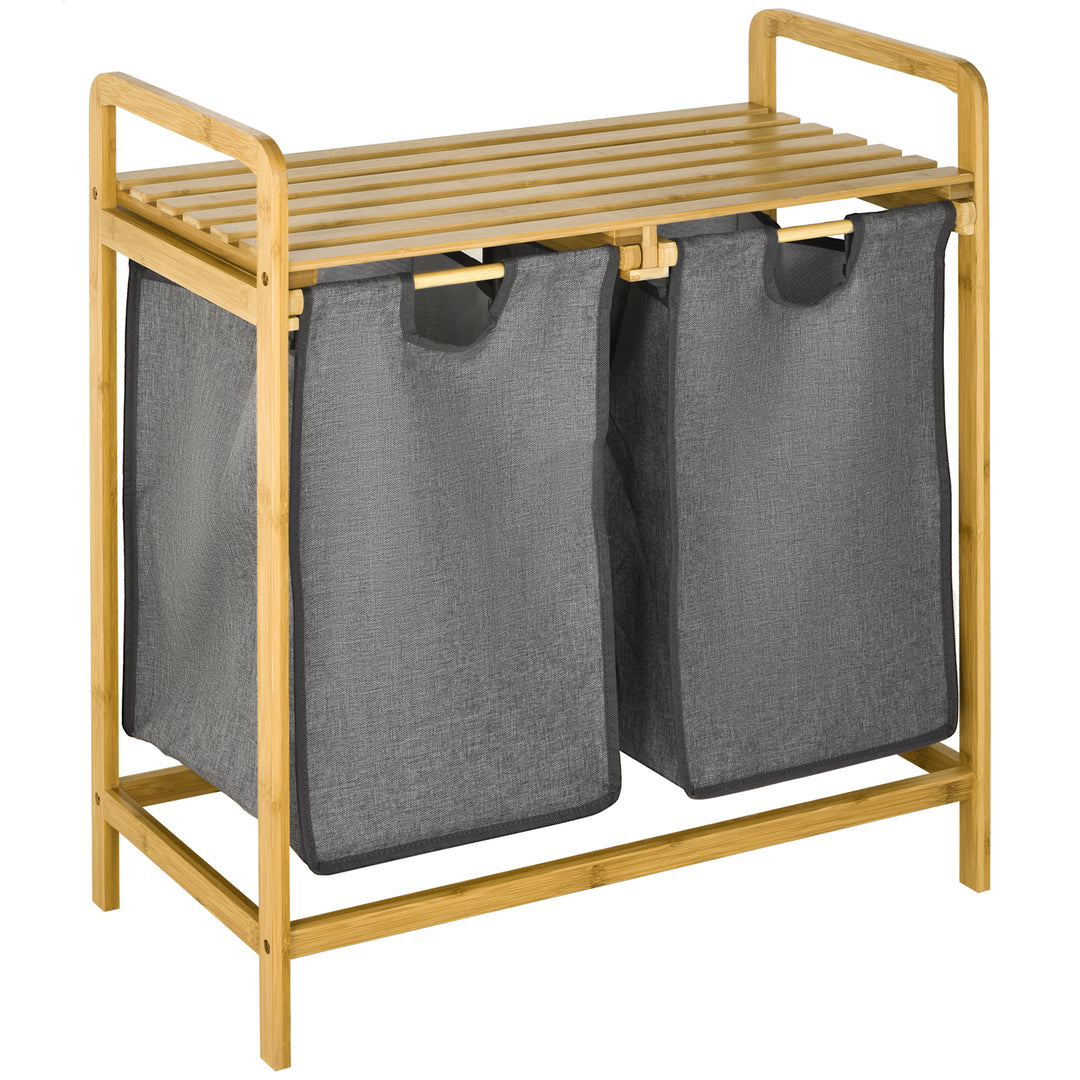 Vasketøjskurv, 2 vasketøjsposer, 2 håndtag, bambus, 63,5 x 33 x 73 cm, grå + natur