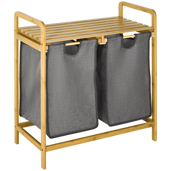 Vasketøjskurv, 2 vasketøjsposer, 2 håndtag, bambus, 63,5 x 33 x 73 cm, grå + natur