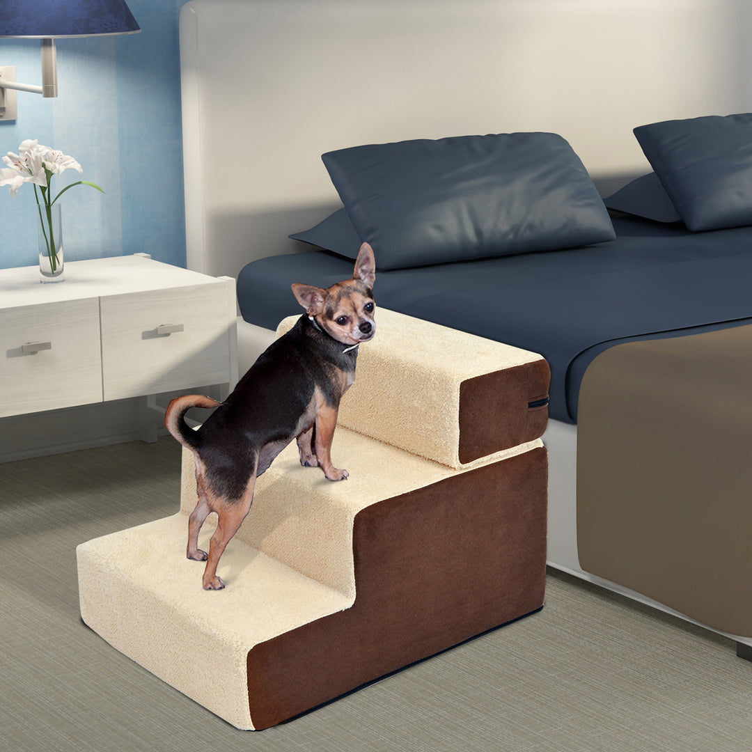 Kæledyrstrappe hundetrappe kattetrappe 3 trin til katte og hunde plys beige 54 x 40 x 39 cm