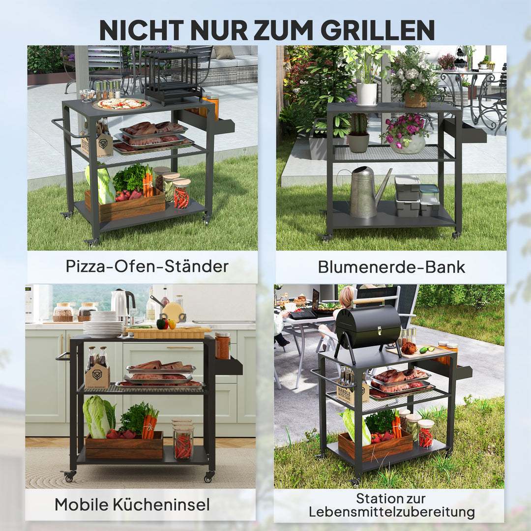Udendørs køkkenø, grillvogn med opbevaringshylde, håndtag, 4 hjul, køkkenvogn, terrasse, have, metal, sort