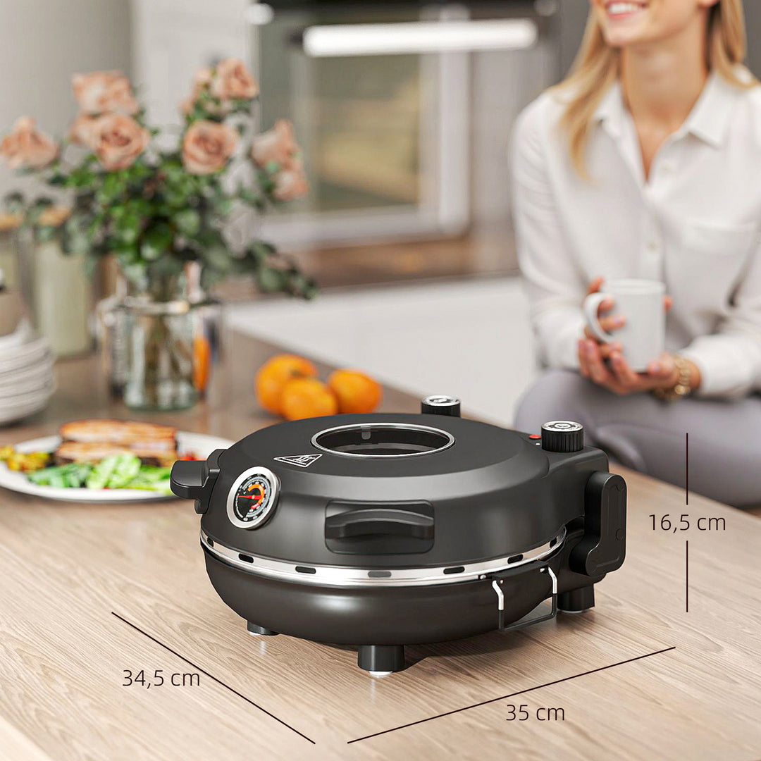 Elektrisk pizzaovn 430 °c, 1200 watt pizzabager med 30 cm stenplade, timer, vindue, rustfrit stål, sort