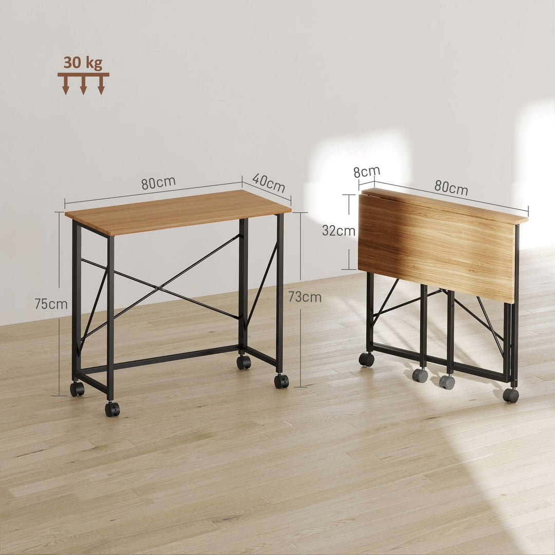 Klapbord med hjul, pladsbesparende, stål, mdf, eg