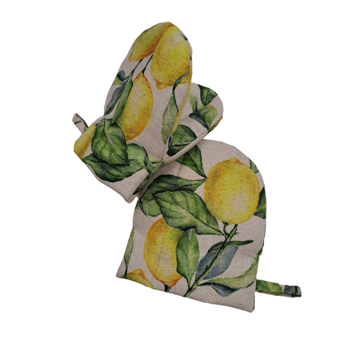 Lille ovnhandske med dobbelt uldfyld, i bomuld og hør, Lemon Linen kollektion