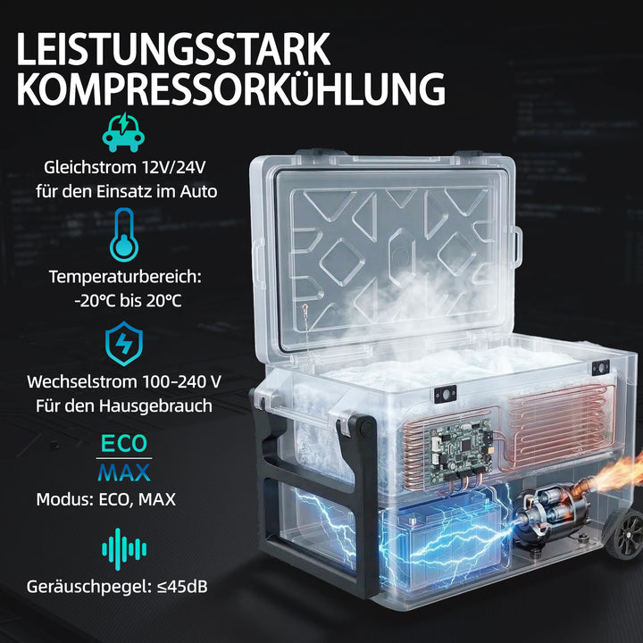 42,5 liters kompressorkøleboks, støjsvagt elektrisk minikøleskab ned til -20 ℃, med Bluetooth, rullehåndtag, telefonholder