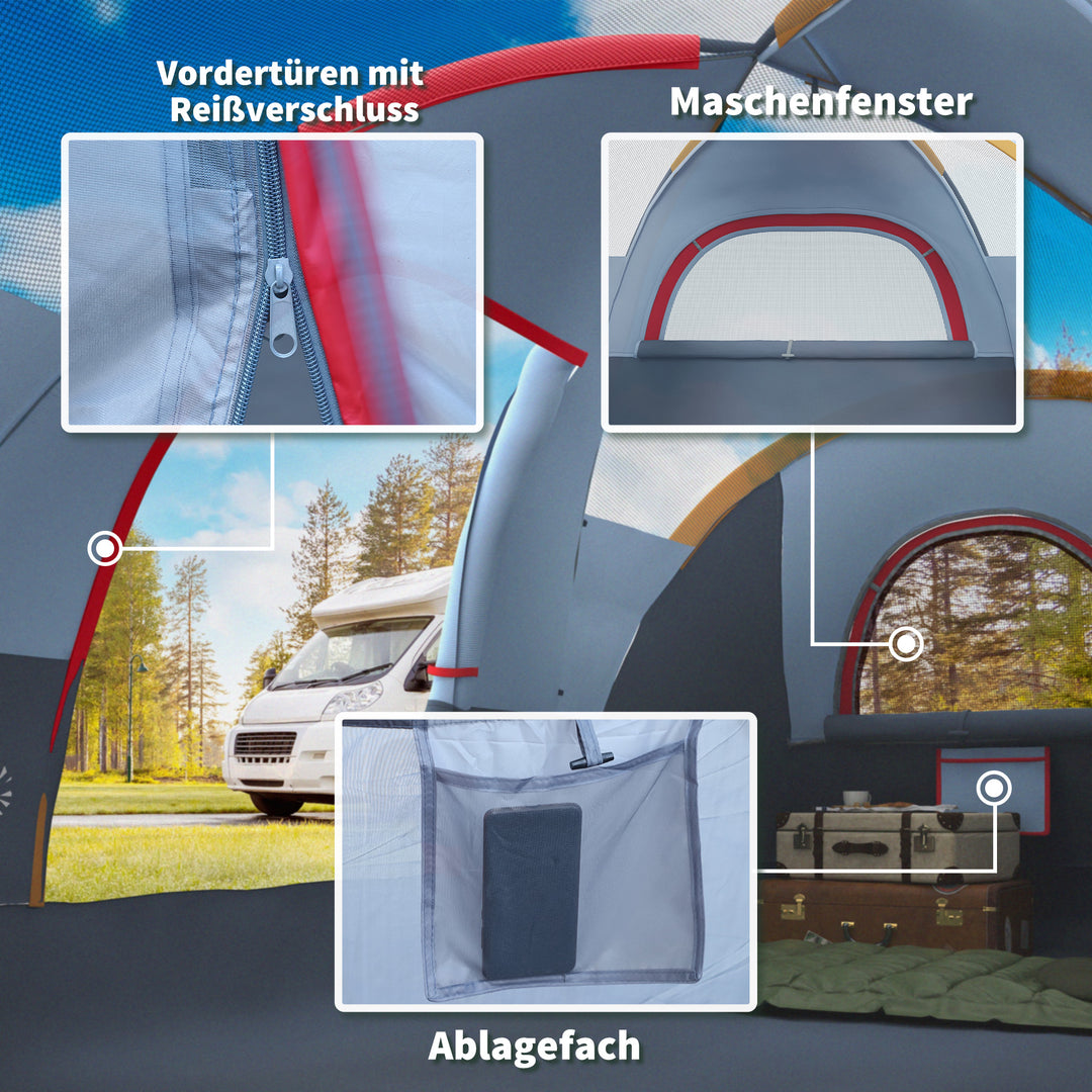 Campingtelt til 5-6 personer, robust, vandtæt familietelt med indgang, vindue og bæretaske; 3000 mm vandsøjletryk; tunneltelt/kupeltelt til camping, rejser og havebrug; lysegrå