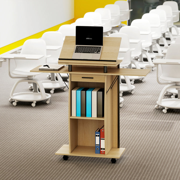 Rullende podiumstativ, talerpult med foldbare sidevinger, laptopbord med skuffe og hylder, egetræslook