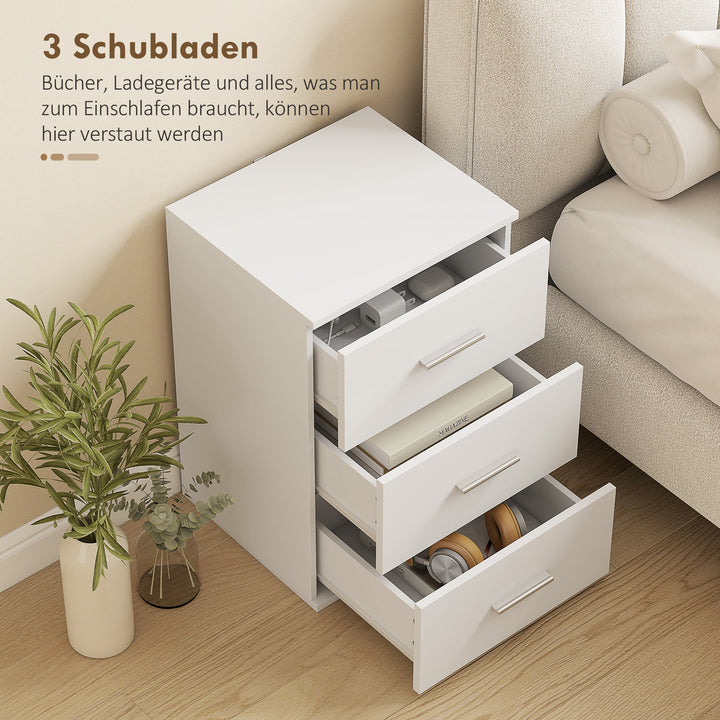 Natbord med 3 skuffer, sidebord til soveværelse, MDF, hvid