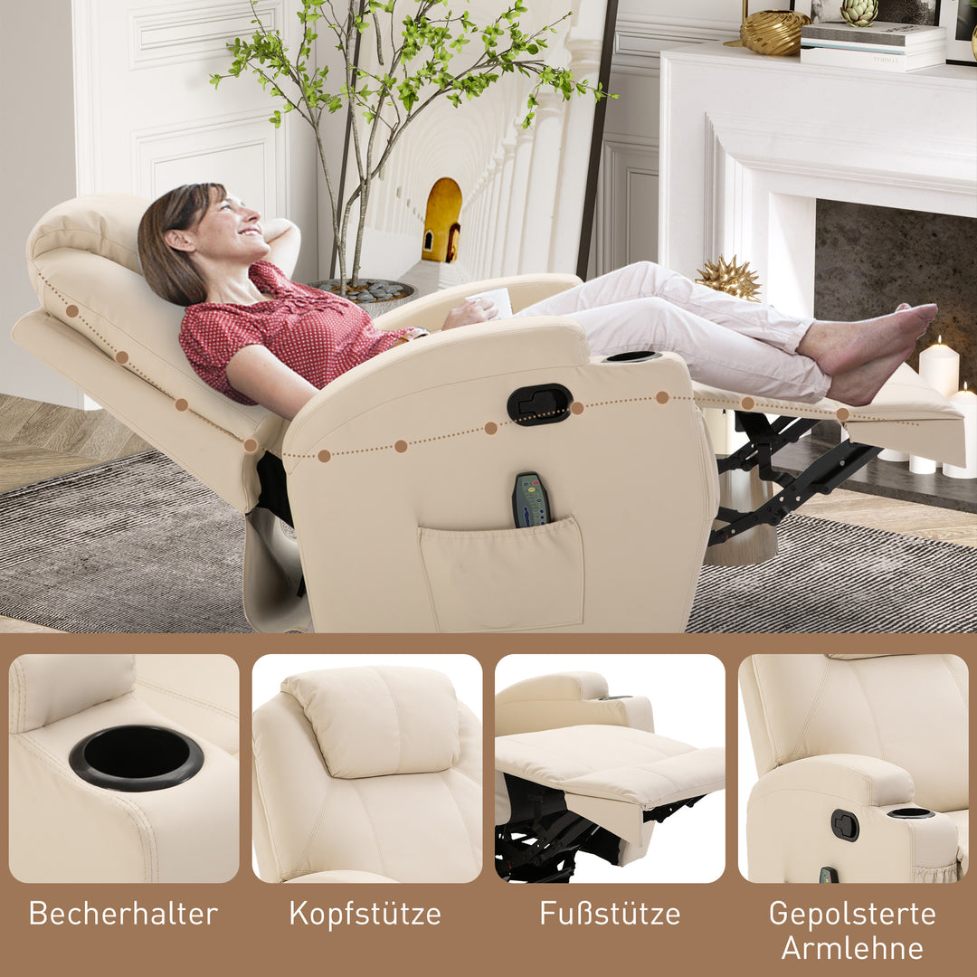 Massagestol elektrisk afslappende stool tv-stol massagefunktion 5 massagetilstande lænefunktion kunstlæder træ metal skum cremehvid 84 x 92 x 109 cm