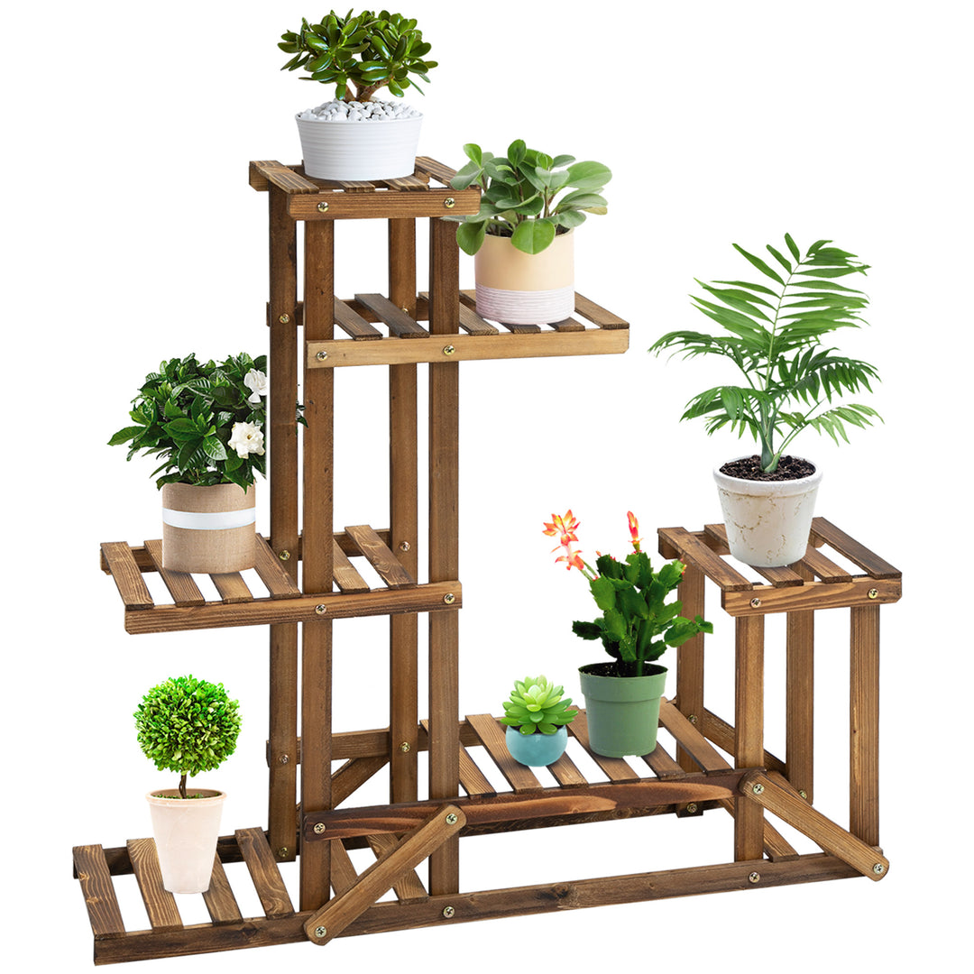 Blomsterstativ, plantehylde, 6 etager, fire-etagers blomsterreol, blomsterstige, massivt træ, forkullet, 98 x 28 x 96,5 cm