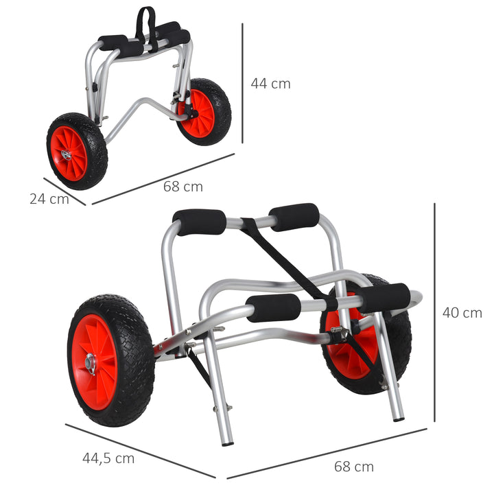 Aluminium kanovogn, kajakvogn, surfvogn, foldbar med rem, kunstlæderhjul, sølv, op til 75 kg, 68 x 44,5 x 40 cm