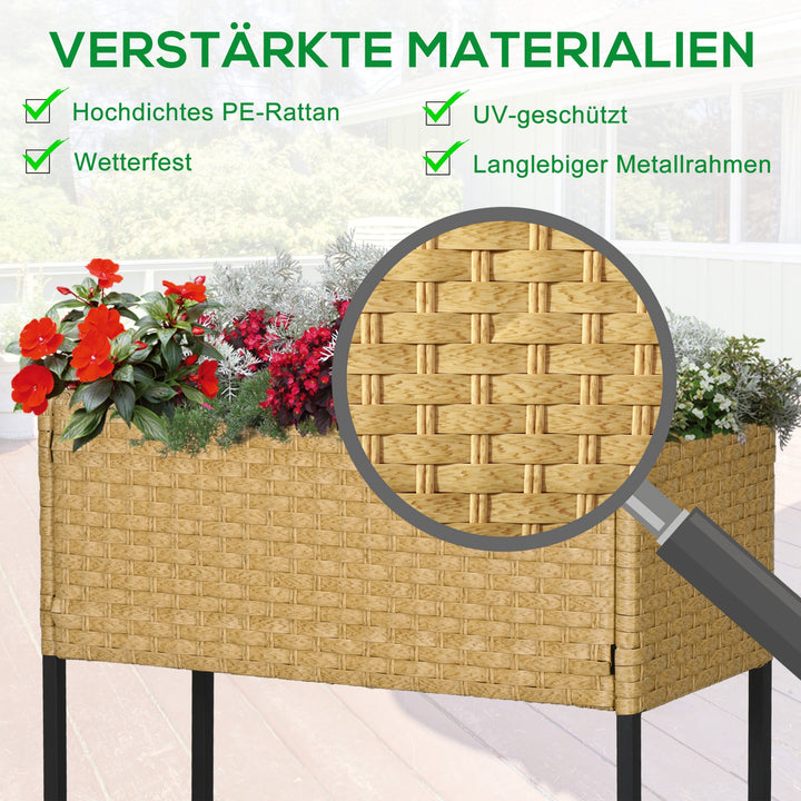 Højbed, blomsterkasse, dyb hylde, metalstel/polyrattan, 70 x 30 x 72 cm, beige