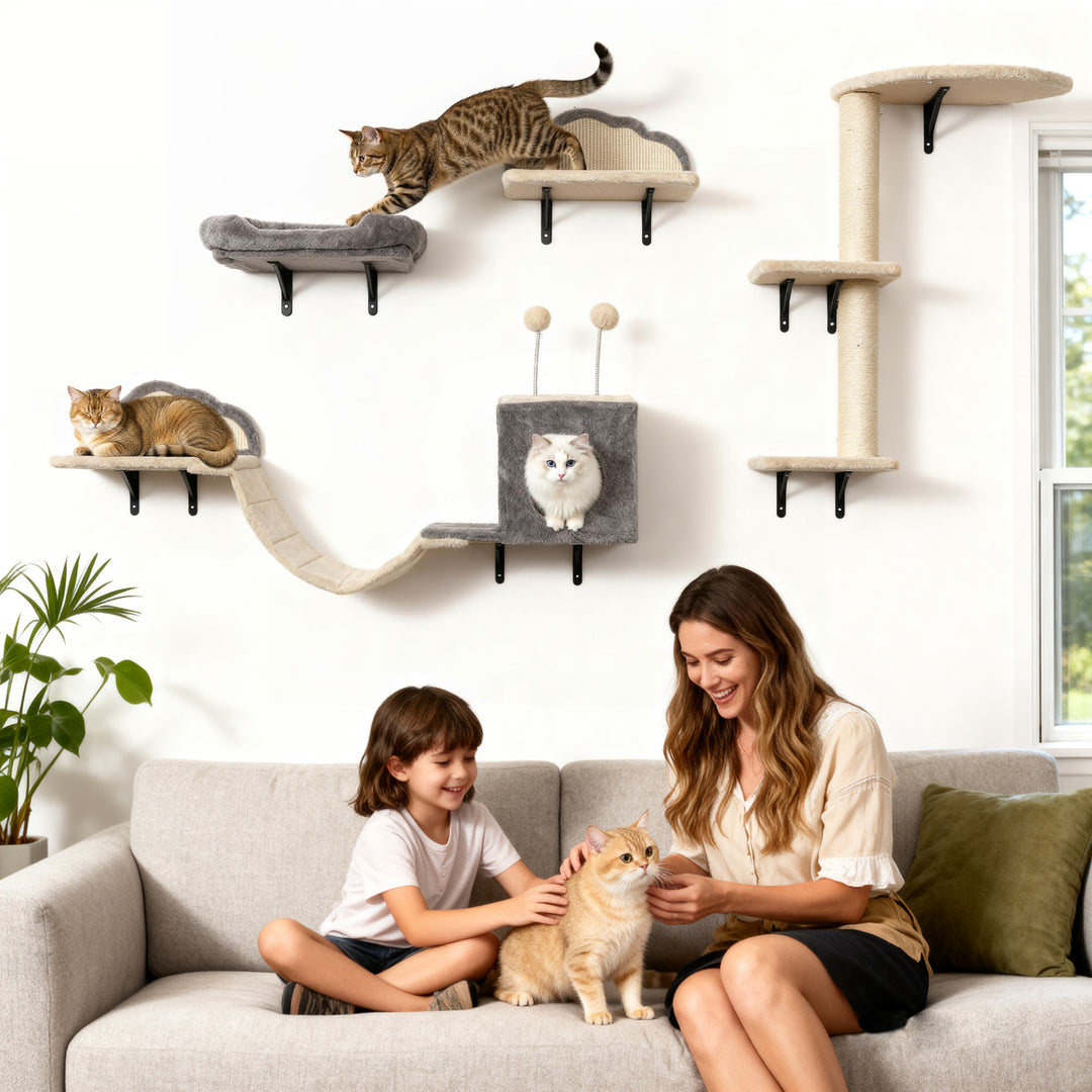 Vægmonteret kradsetræsæt, sisal kradseflader, 4 dele, til 1-3 katte, beige