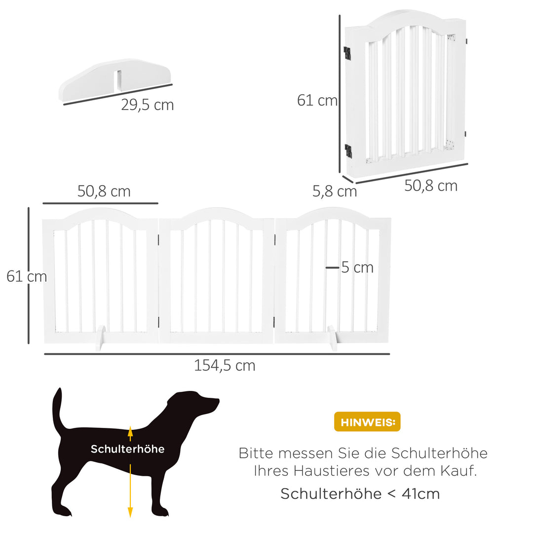 Hundegitter 3-delt, 154,5 x 61 cm sammenklappelig hundegitter med dør, dørsikkerhedsgitter med 2 støttefødder, fritstående trappegitter til køkken, entre, hvid