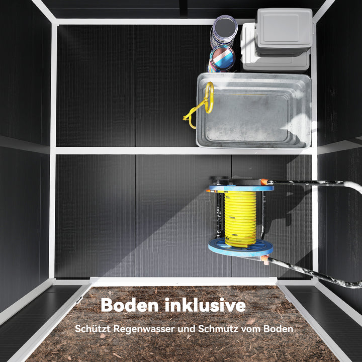 Haveskur 2,89 m², redskabsskur med trælook, 3 vinduer, dobbeltdør, ventilation, gulv, lås, 182 x 182 x 196 cm