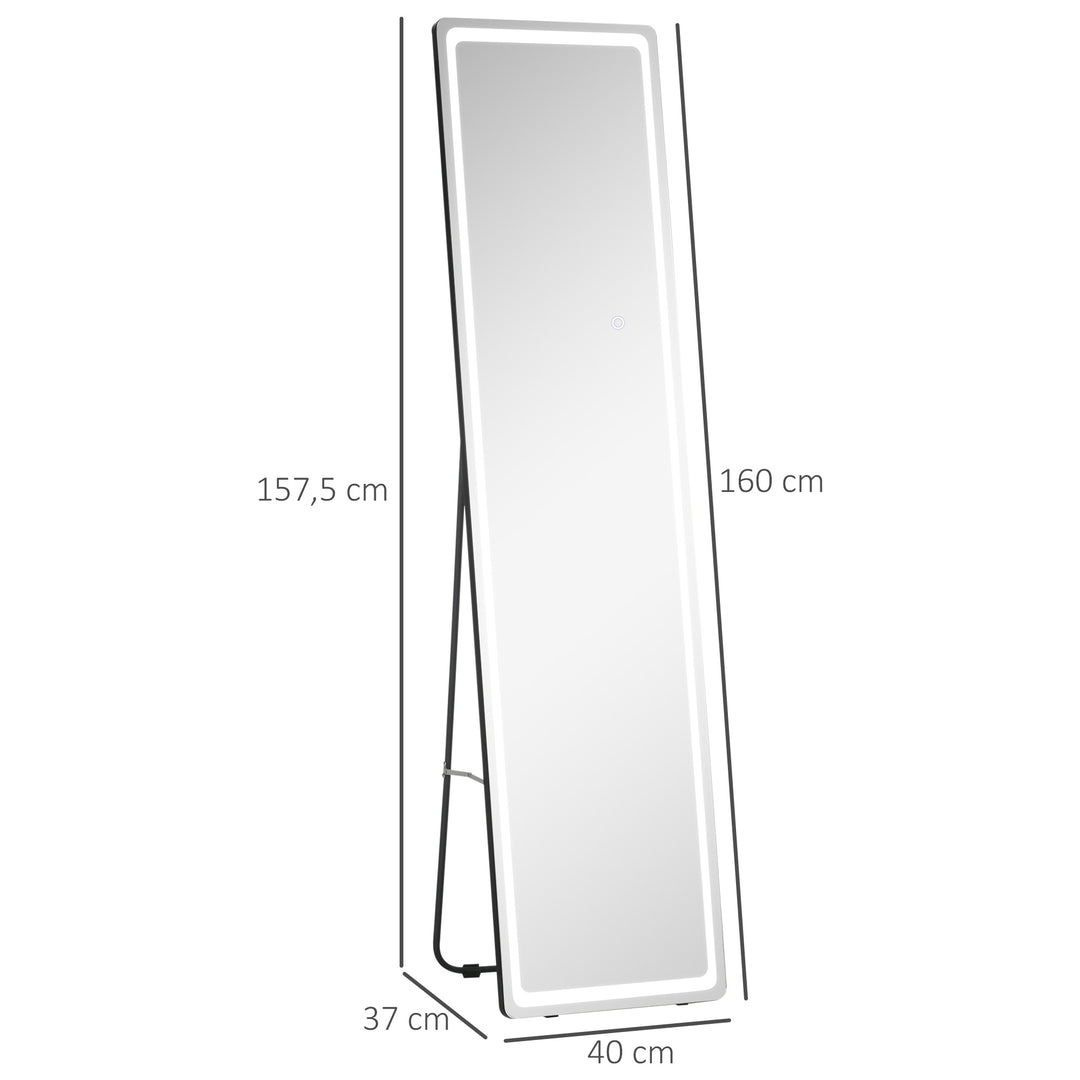 2-I-1 fritstående spejl med led-lys, aluminium, justerbart lys, 40 cm x 37 cm x 157,5 cm