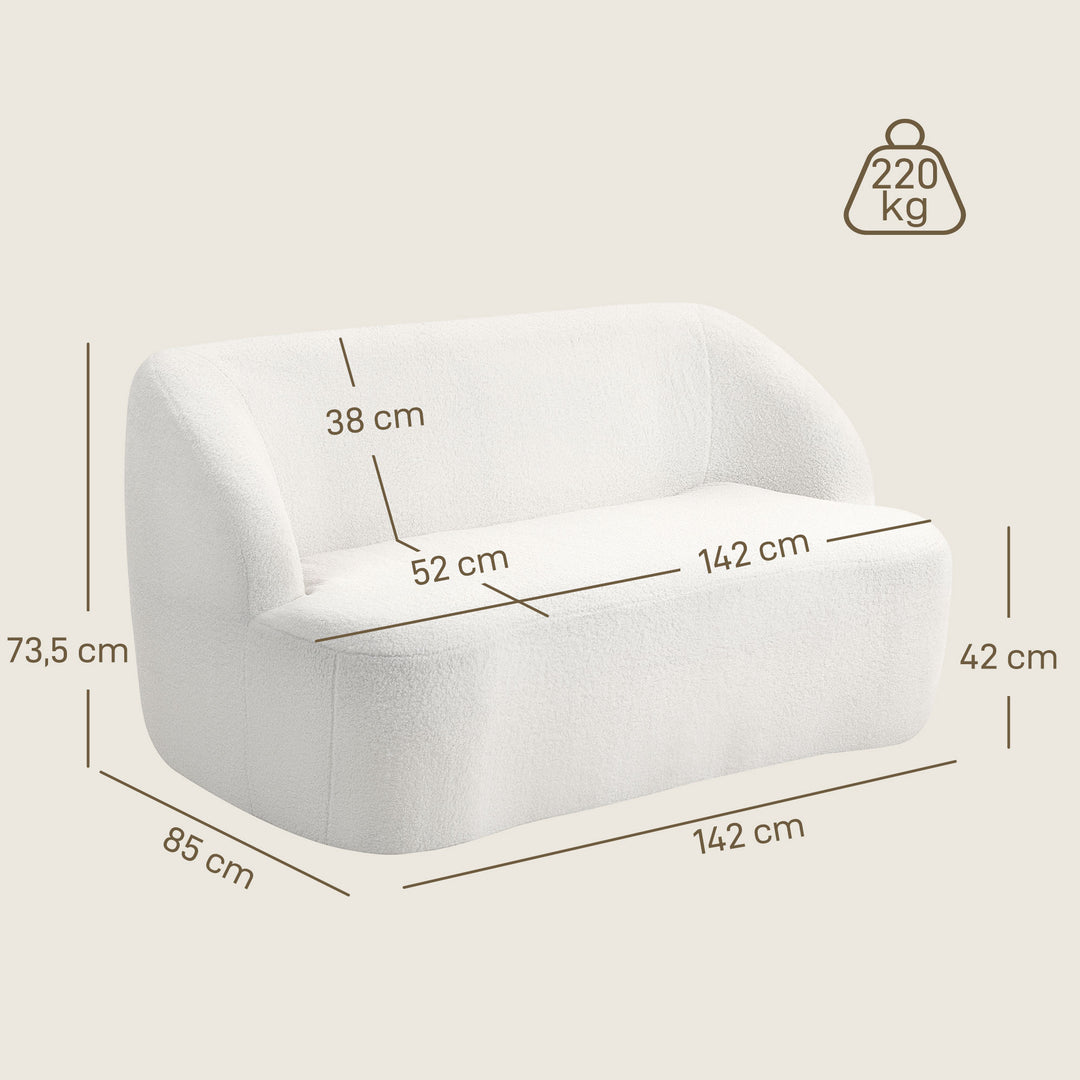 2-personers sofa, buet design, polstret sofa med fleecebetræk, til stue, soveværelse, hjemmekontor, cremehvid